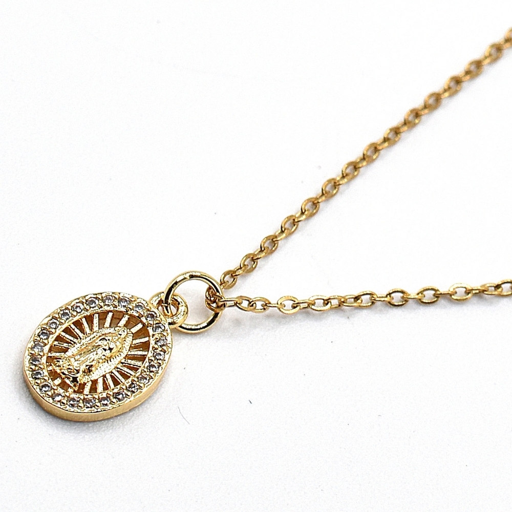 14K Gold Plated Guadalupe Pendant Necklace Virgen Mary Cubic Zirconia - Picture 5 of 9